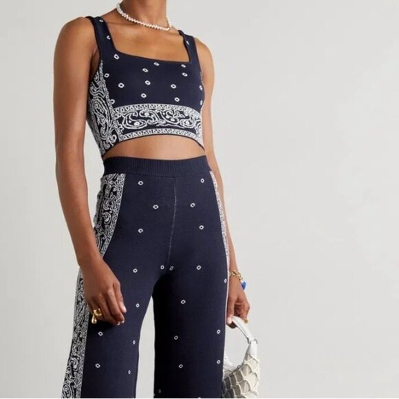 STAUD NWT Womens XL Navy Bandana Paisley Print Tucson Crop Top Square Neck Knit - Picture 1 of 11